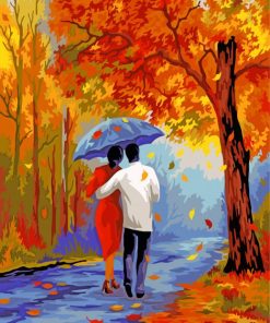 Autumn Couple Under Umbrella Diamond Painting