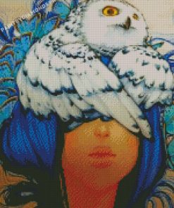 Blue Hair Girl With Owl Diamond Paintings