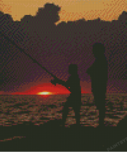 Father And Son Fishing Silhouette At Sunset Diamond Paintings