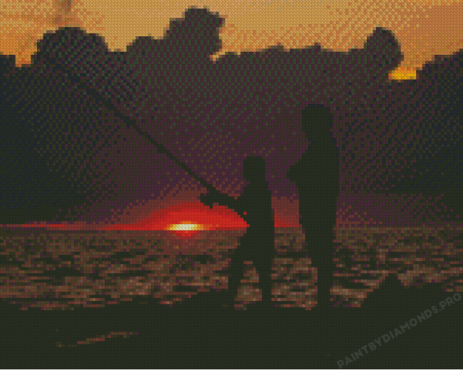 Father And Son Fishing Silhouette At Sunset Diamond Paintings