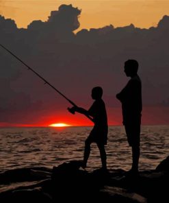 Father And Son Fishing Silhouette At Sunset Diamond Paintings