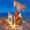 Fire Camp Cowboy And Dog Diamond Paintings