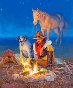 Fire Camp Cowboy And Dog Diamond Paintings