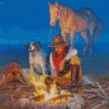 Fire Camp Cowboy And Dog Diamond Paintings