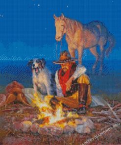 Fire Camp Cowboy And Dog Diamond Paintings