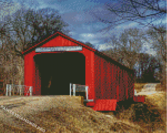 Red Covered Bridge Diamond Paintings