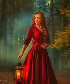 Woman In Red Dress Holding Lantern Diamond Paintings