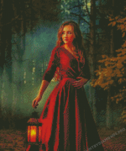 Woman In Red Dress Holding Lantern Diamond Paintings