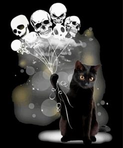 Black Cat And Skulls Balloons Diamond Paintings