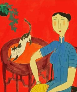 Chinese Woman In Chair With Cat Diamond Paintings