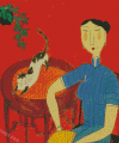 Chinese Woman In Chair With Cat Diamond Painting