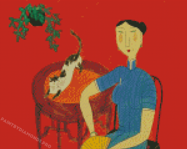 Chinese Woman In Chair With Cat Diamond Painting