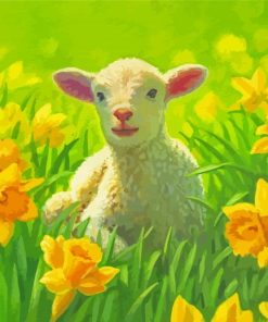 Cute Lamb In Flowers Field Diamond Paintings