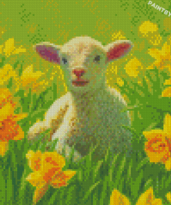 Cute Lamb In Flowers Field Diamond Paintings