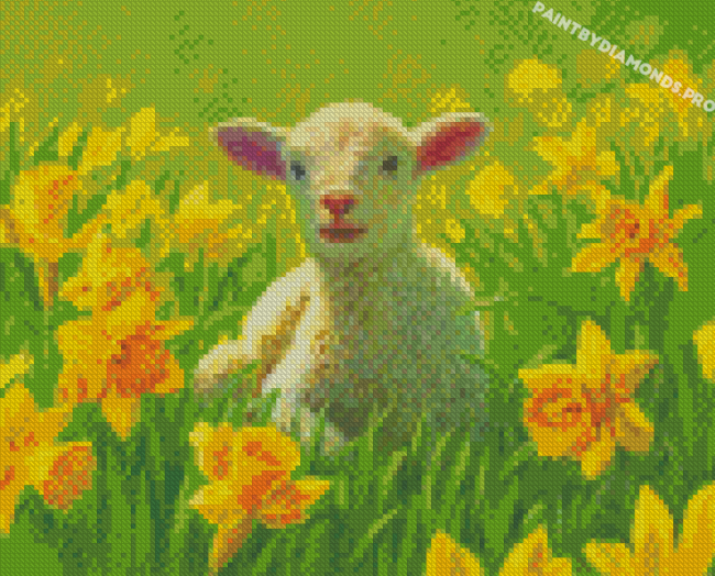 Cute Lamb In Flowers Field Diamond Paintings