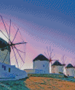 Mykonos Windmills At Sunset Diamond Paintings