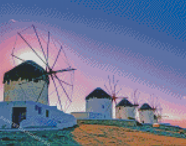 Mykonos Windmills At Sunset Diamond Paintings