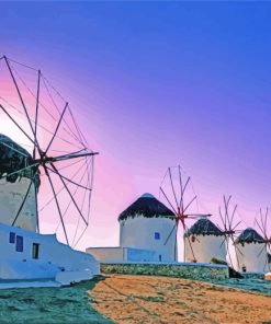 Mykonos Windmills At Sunset Diamond Paintings