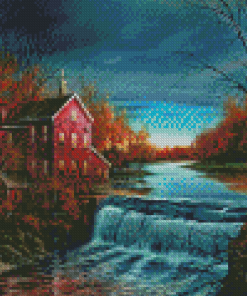 Autumn Waterfall House Diamond Painting