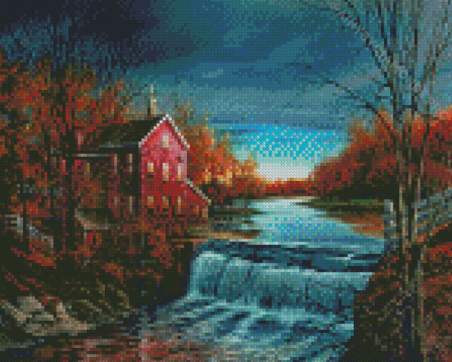 Autumn Waterfall House Diamond Painting