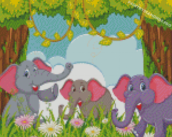 Cartoon Elephants In The Jungle Diamond Painting