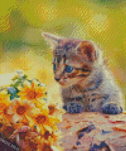 Cat And Yellow Flowers Diamond Paintings