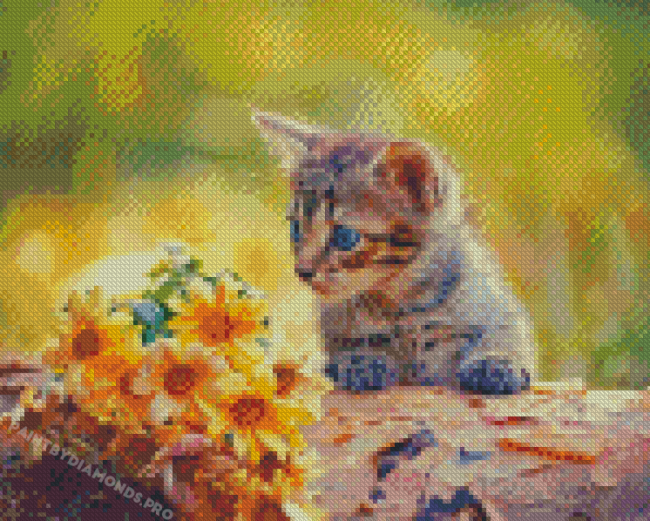 Cat And Yellow Flowers Diamond Paintings