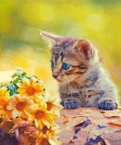 Cat And Yellow Flowers Diamond Paintings