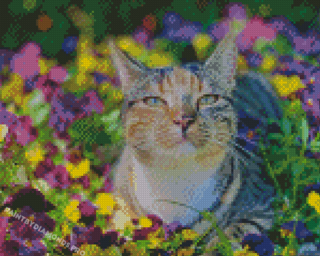 Cat In Flowers Diamond Paintings