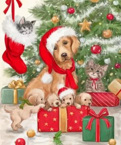 Christmas Golden Retriever And Puppies Diamond Painting