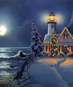 Christmas Lighthouse Seascape Diamond Painting