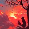 Fox Mother And Baby At Sunset Diamond Painting