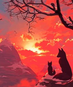 Fox Mother And Baby At Sunset Diamond Painting