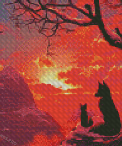 Fox Mother And Baby At Sunset Diamond Painting