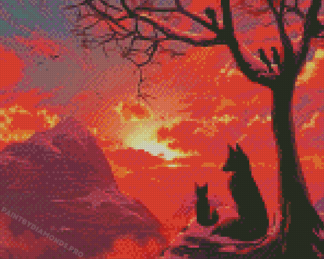 Fox Mother And Baby At Sunset Diamond Painting