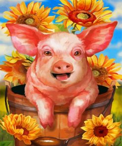 Pig With Sunflowers Diamond Painting