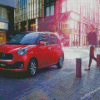 Red Daihatsu In City Streets Diamond Paintings