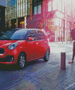 Red Daihatsu In City Streets Diamond Paintings