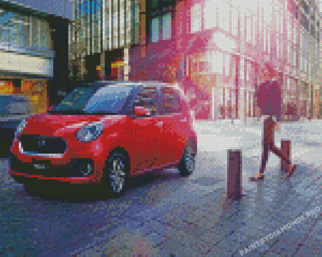 Red Daihatsu In City Streets Diamond Paintings