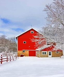 Red Barn In Snow Diamond Painting