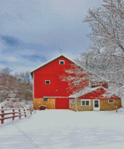 Red Barn In Snow Diamond Painting