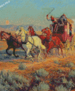 Stagecoach Pursued By Mounted Indians By Richard Lorenz Diamond Painting