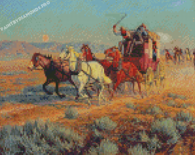 Stagecoach Pursued By Mounted Indians By Richard Lorenz Diamond Painting