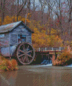 Autumn Water Mill Diamond Painting