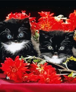 Black Cats With Red Flowers Diamond Painting