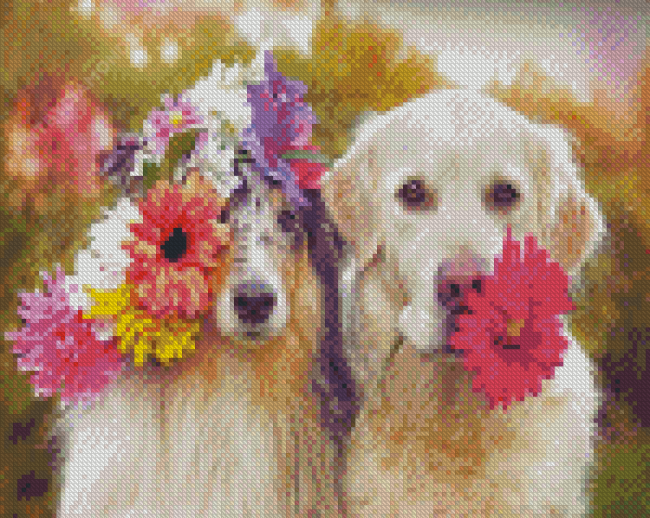 Dogs With Flowers Diamond Painting