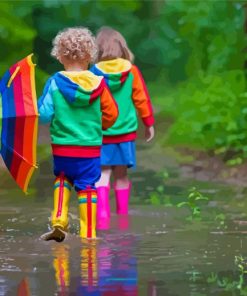 Little Boy Girl Enjoying The Rainy Day Diamond Painting