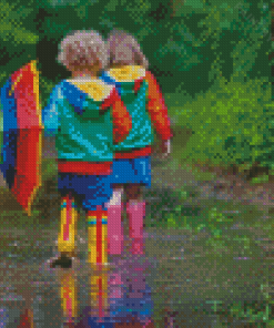 Little Boy Girl Enjoying The Rainy Day Diamond Painting