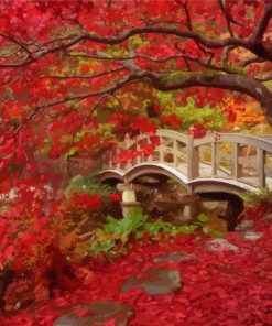 Park Red Tree And Bridge Diamond Painting