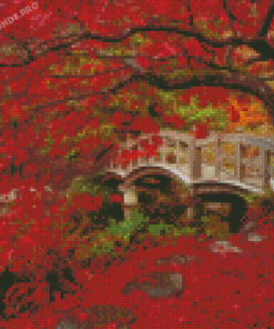 Park Red Tree And Bridge Diamond Painting